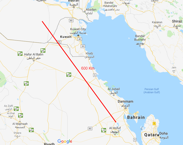 خط سير الطائرات المهاجمة من صحراء السماوة العراقية إلى بقيق السعودية