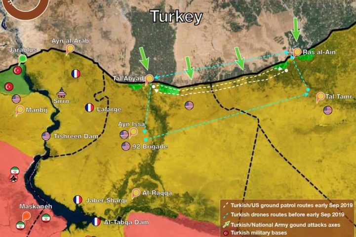 خارطة توضح الخطة التركية بإنشاء منطقة آمنة في الشمال السوري، حيث تظهر باللون الأصفر مناطق سيطرة التنظيمات الكردية على الحدود مع تركيا/ مركز عمران للدراسات