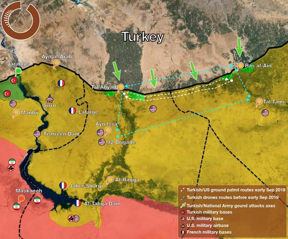 خارطة توضح الخطة التركية بإنشاء منطقة آمنة في الشمال السوري، حيث تظهر باللون الأصفر مناطق سيطرة التنظيمات الكردية على الحدود مع تركيا/ مركز عمران للدراسات