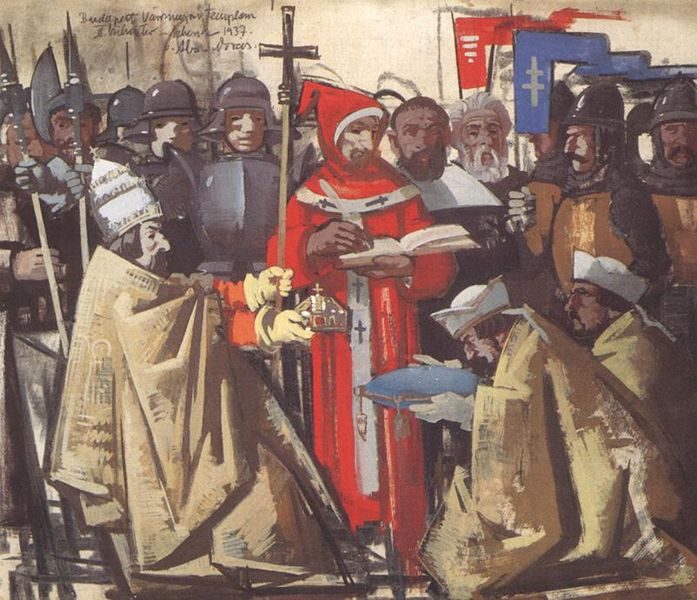 البابا سلفستر الثاني مع مجموعة من الجنود ورجال الدين المسيحيين (WikiMedia)