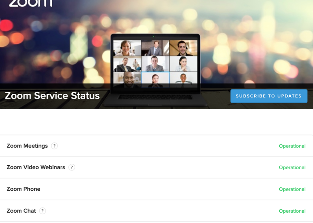لقطة شاشة لصفحة حالة الخدمة علي موقع zoom (استخدام عادل - zoom.us)