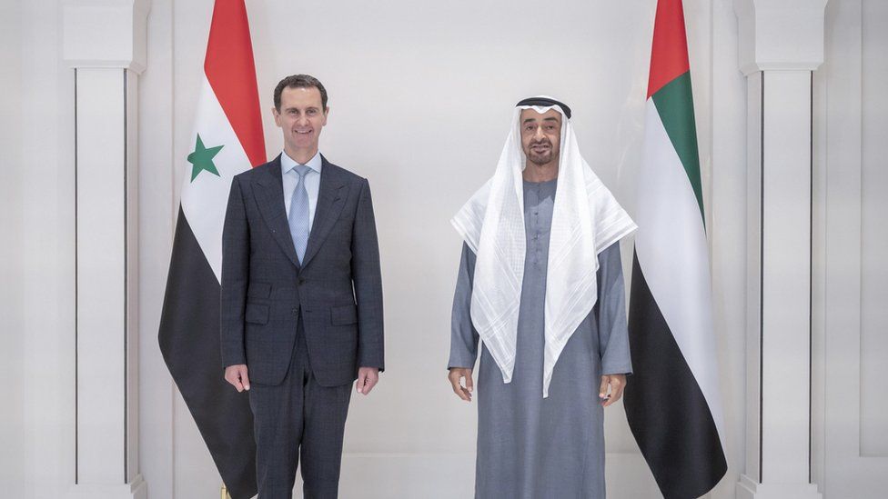 Abu Dhabi Crown Prince Mohammed bin Zayed during his meeting with the head of the Syrian regime, Bashar al-Assad, March 2022 / WAM