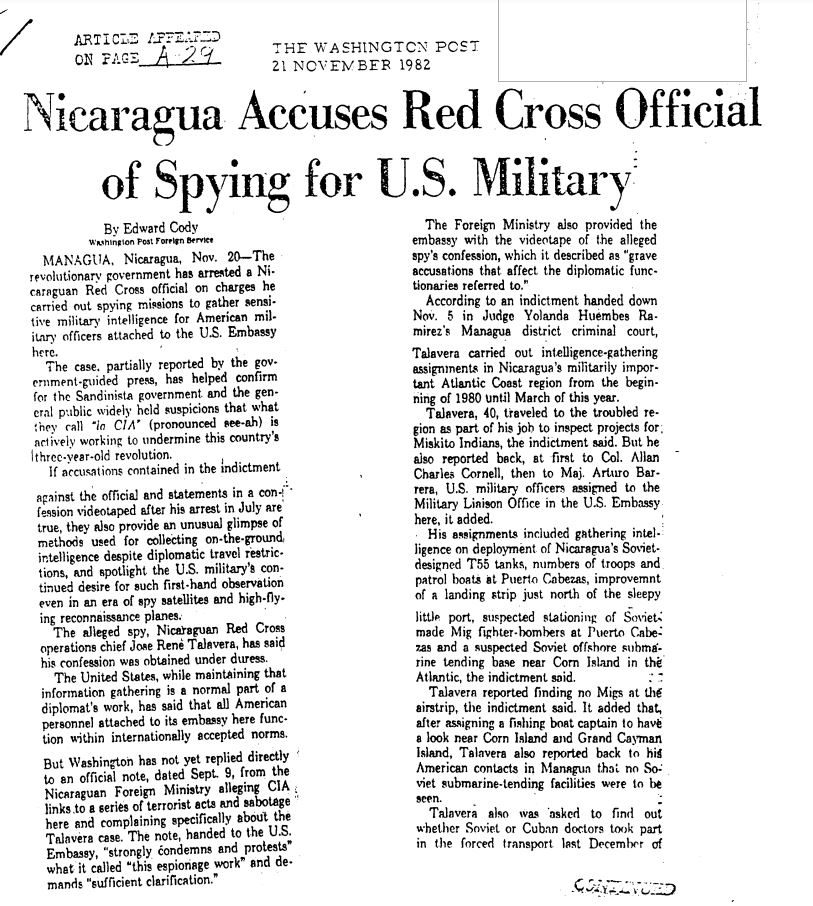 اتهام نيكاراغوا الصليب الأحمر بالتجسس