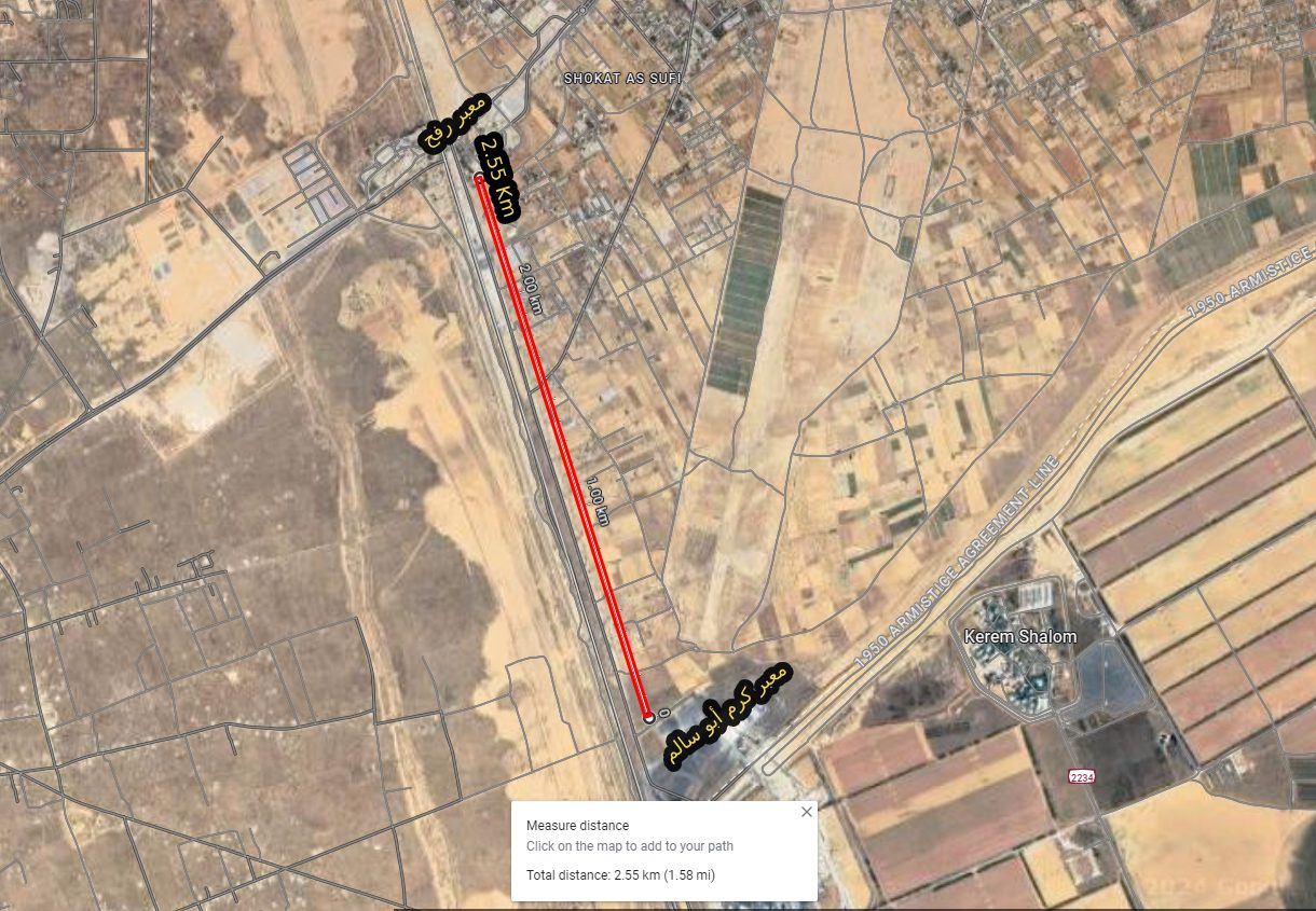 المسافة التي قطعتها الآليات العسكرية من معبر كرم أبو سالم حتى معبر رفح/ خرائط جوجل