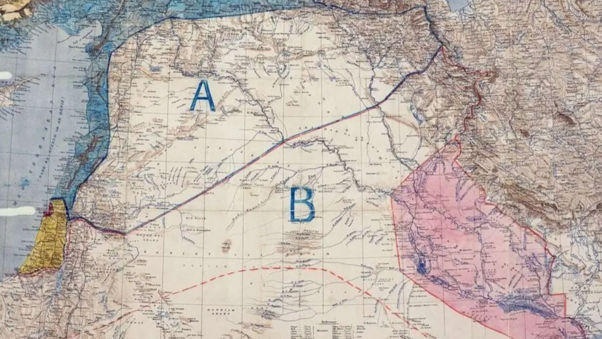 خريطة سايكس بيكو توضّح تقاسم النفوذ بين بريطانيا وفرنسا-المصدر:تويتر