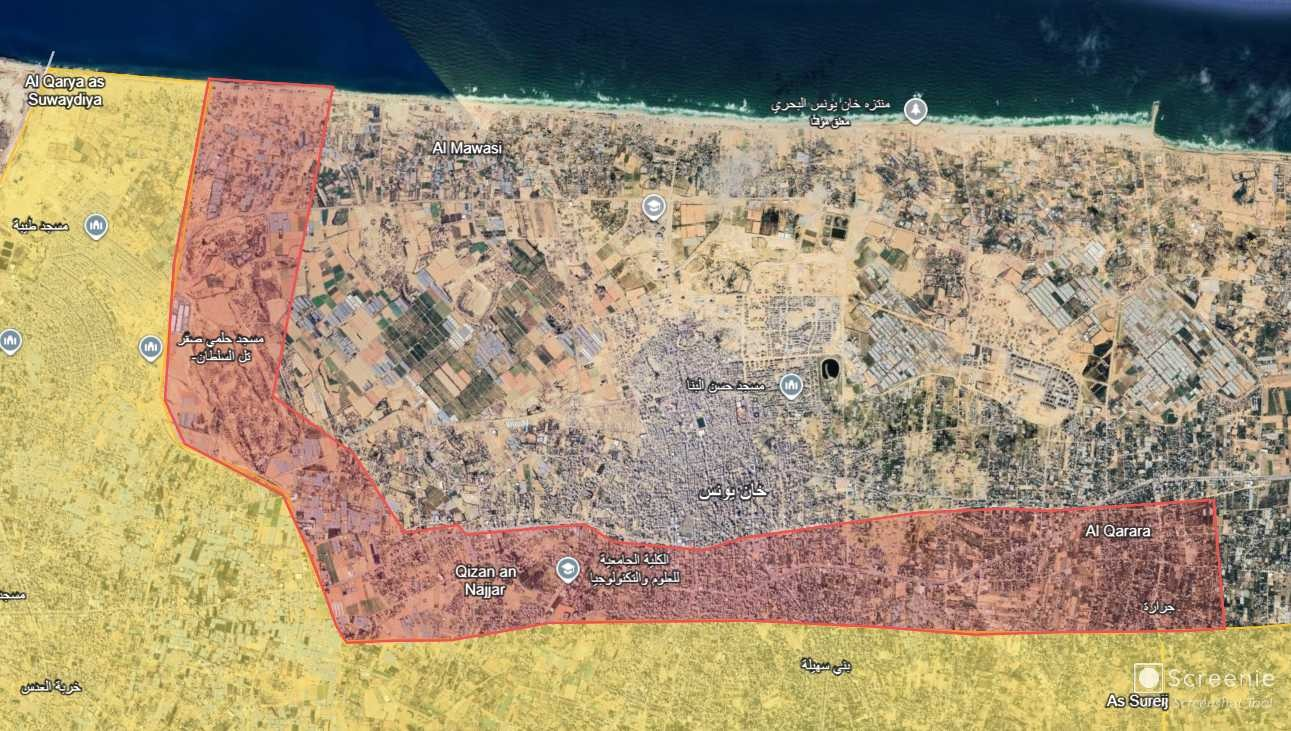 خريطة توضح منطقة الخط الأصفر في جنوب قطاع غزة